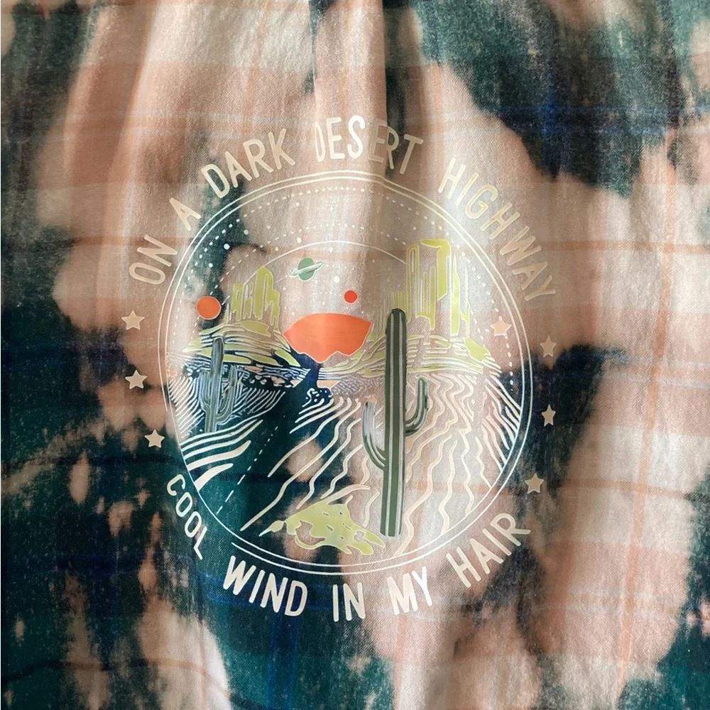 Custom Flannel Shirt XL Green Peach Desert Graphic Boho Festival - Picture 8 of 11